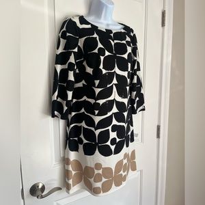 London Times Shift Dress 3/4 Sleeve Tan Black and White